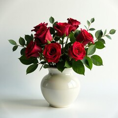 A Decorative Vase Filled with Red Roses and Green Eucalyptus, vase, greenery, flowers
