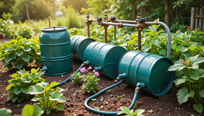 Rain barrel irrigation system in vibrant garden, sustainable living