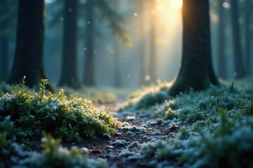 Snowflakes gently falling on a dark green forest floor, frosty morning, snowflakes, serene environment