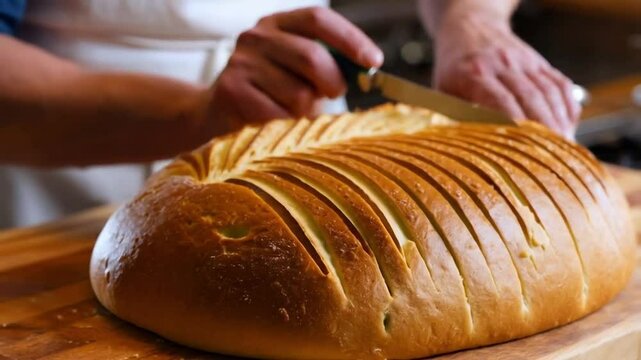 Freshly baked golden loaf of bread being sliced on wooden board, artisan bakery preparation
