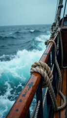 Obraz premium Coiled rope wrapped around wooden ship railing in stormy weather, wind, nautical, waves