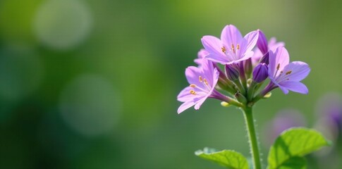 Fototapeta premium Delicate purple flowers bloom on a lush green stem, garden, delicate, flower