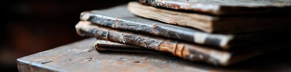 Fototapeta premium Stack of Four Antiquated Books on Wooden Surface