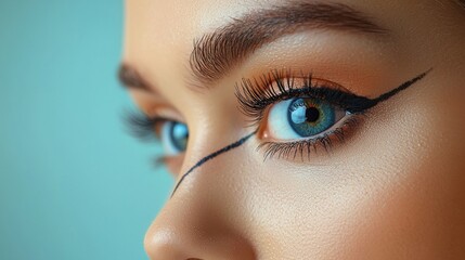 Close-up of a young woman's eye showcasing bold eyeliner and vibrant blue color against a soft background