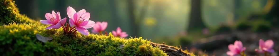 Delicate pink blossoms peek from mossy branch, Forest Floor, Pink Flowers, Forest