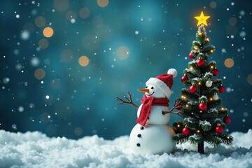 Fototapeta premium Vertical Christmas tree on the side of a large snowman, holiday, wintery, Christmas tree