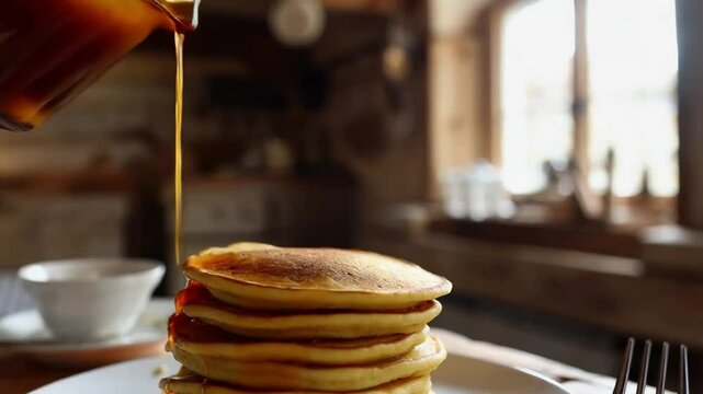 Golden syrup being poured onto fluffy pancake stack in cozy rustic kitchen setting
