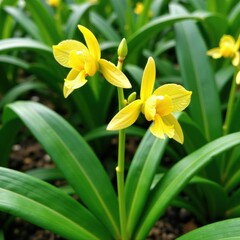 Fototapeta premium Delicate yellow orchid blooms in a lush green foliage background with white accents, plant, flower