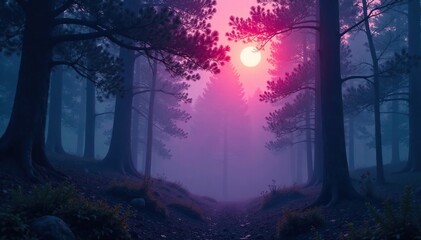 Twilight forest glow filtered through misty branches, forest, mystical