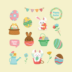 Easter Season Elements Illustrations Collection Set Featuring Eggs, Bunnies, Flowers, and Festive Decorations in Hand Drawn Flat Style