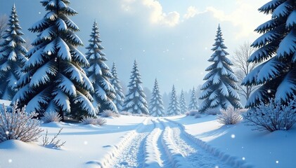 A winter wonderland scene with falling snow and trees, calm, snowy, landscape