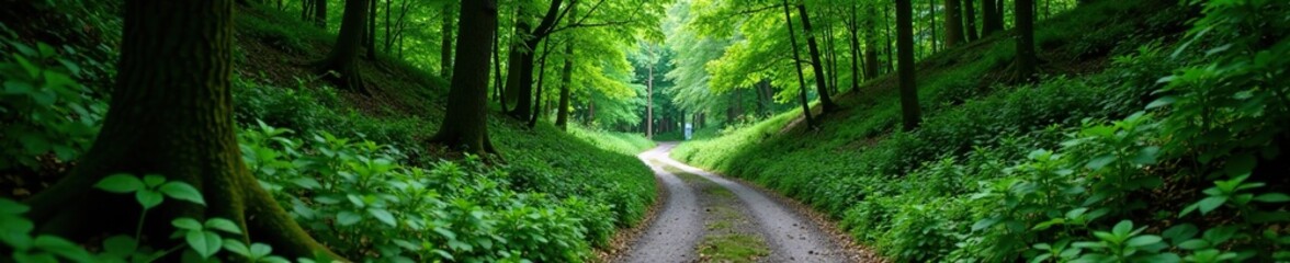 Obraz premium Dense foliage surrounds a narrow winding road, nature trail, forest floor, serene atmosphere