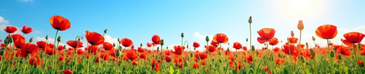 Obraz premium Field of red poppies stretching towards a bright blue sky in summer, blue sky, flowers, sunlit