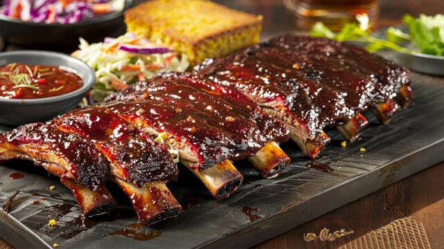 Savory barbecue ribs with rich sauce, coleslaw, and cornbread create perfect meal for grill lovers, making this dish must try for food enthusiasts.