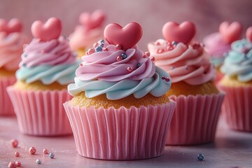 Romantic Valentine's-themed Cupcakes Design with Heart-shaped Decorations in Digital Art