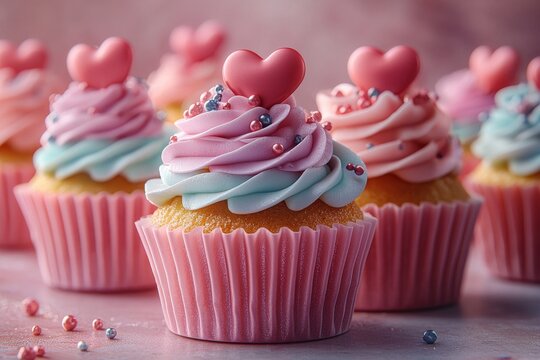 Romantic Valentine's-themed Cupcakes Design with Heart-shaped Decorations in Digital Art