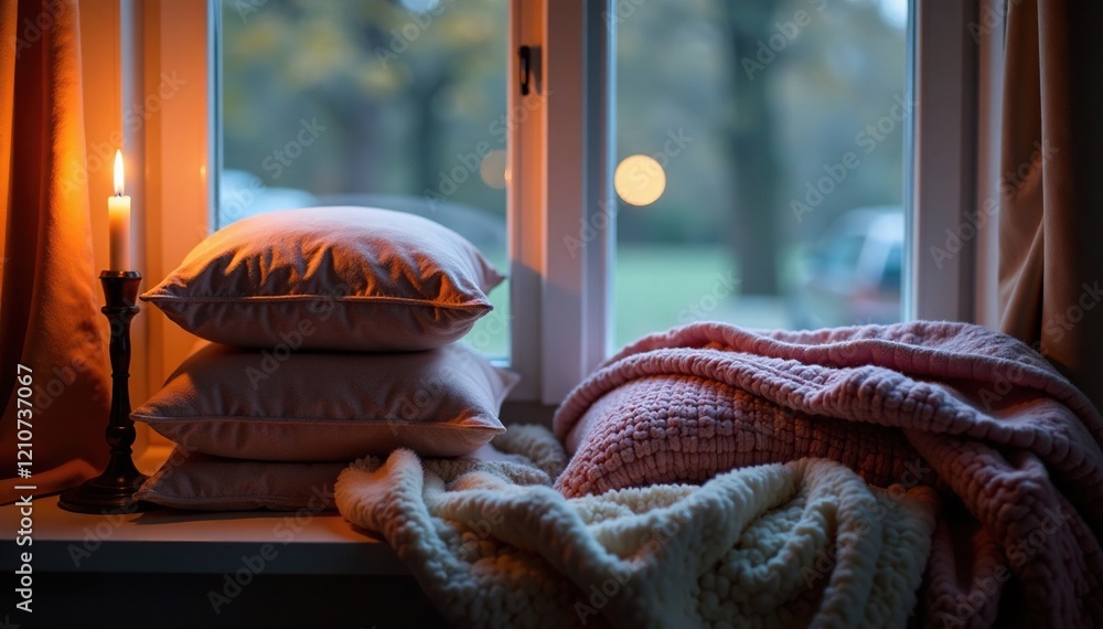 Wall mural a pile of pillows and soft blankets on a windowsill, illuminated by a warm candle flame, textiles, c