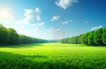 Obraz premium Vast green field stretches under vivid blue sky dotted with fluffy clouds. Trees line horizon. Peaceful rural landscape suggests summer day spring. Ideal for backgrounds illustrating nature themes,