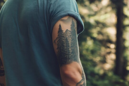 Man showing his arm with a realistic tattoo representing a forest and mountain landscape, in a real forest
