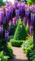 Obraz premium Colorful wisteria blooms drape over garden arch, purple, garden feature