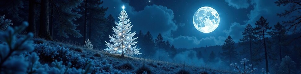 The moon casts a silver glow on an invisible Christmas tree in the forest, nocturnal scene, mystical ambiance, silver glow