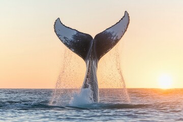 Fototapeta premium A whale's tail rises out of the water as the sun sets over the open ocean