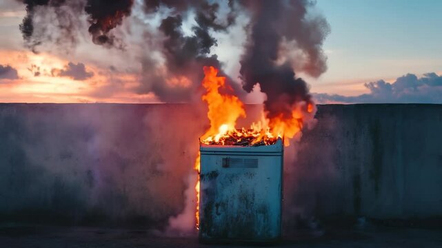 Dumpster Fire on Rooftop at Sunset with Smoke and Flames