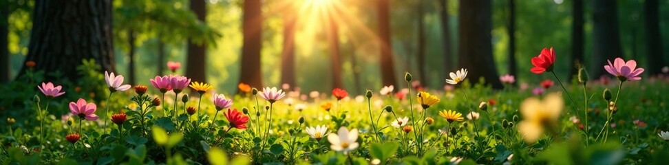 Obraz premium Wildflowers blooming in a sunlit clearing of the forest, forest clearing, bloom