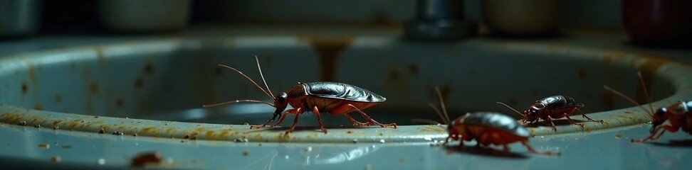 Cockroaches crawling on kitchen sink at night, swarming, dirty water