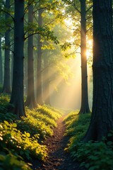 A peaceful forest glade bathed in soft, golden light, wilderness, peaceful