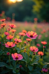 Fototapeta premium Softly glowing wildflowers illuminate the fading light of a summer evening, blooms, serene landscape