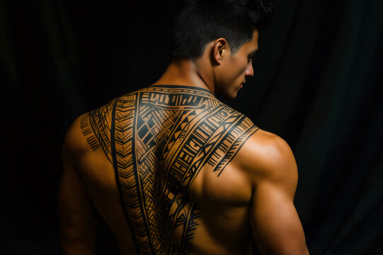 Shirtless Samoan man proudly displaying an intricate tribal tattoo that spans his entire back, reflecting rich Polynesian culture and tradition