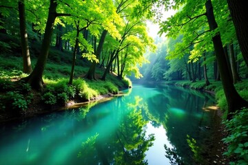 Forest foliage surrounds a tranquil turquoise river, serene, trees