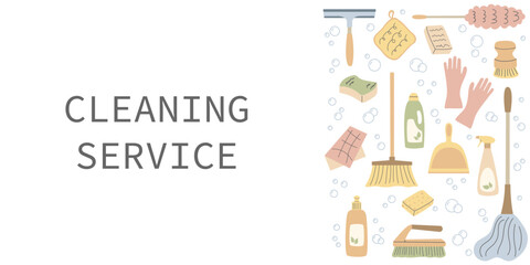 Cleaning service Background template. Professional Cleaning tools gloves scraper brush detergent mop. Household accessories in flat design. Template for banner advertising business