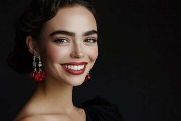 Close up portrait of a smiling model wearing luxury red earrings, showcasing elegance and style against a dark backdrop