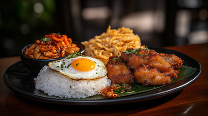 A vibrant and appetizing close-up shot of a delicious Asian meal. The dish features grilled meat, stir-fried vegetables, rice, and a fried egg, beautifully arranged on a dark plate