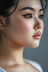 Naklejka premium Close-up shot of a woman's face and neck, wearing a white shirt