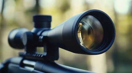 Detailed image of a rifle scope lens, blurred background