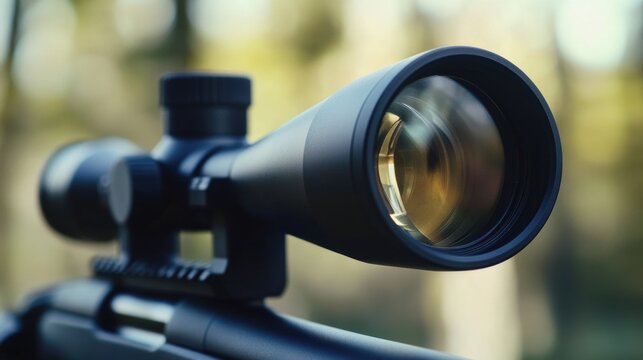 Detailed image of a rifle scope lens, blurred background