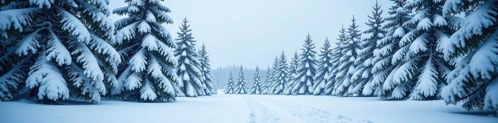 Fototapeta premium A dense thicket of pine trees covered in a thick layer of snow and ice, snow, pine