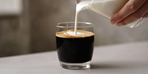 A person pours milk into a glass of freshly brewed coffee, perfect for morning routine or office break