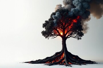 A burning tree with black smoke billowing through its trunk, smoke trail, burning sapwood