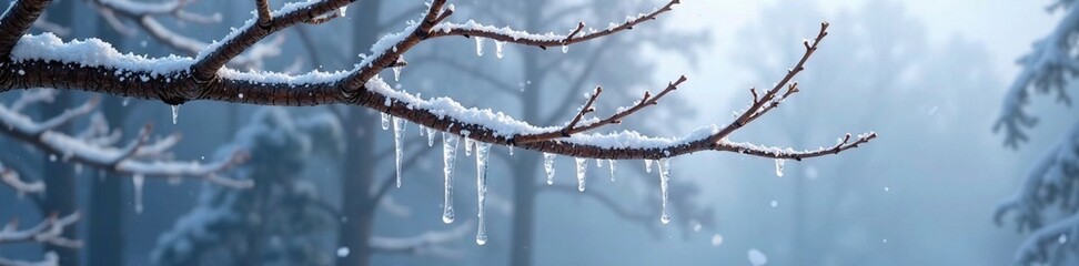 Bare tree branches with snow and ice hanging from them swaying gently in the wind, frozen branch, bare trees, frosty