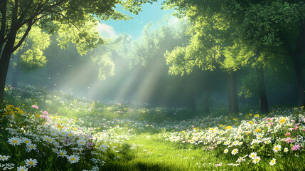Obraz premium Soft Sunlight Illuminating a Scenic Wildflower Meadow in Spring