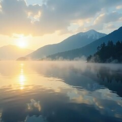 Fototapeta premium misty morning on Lake Victoria with fog rising from the surface, mist, lake, clouds