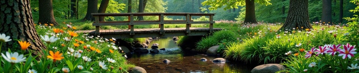 Naklejka premium A wooden bridge spans a small stream amidst wildflowers and forest trees, , nature
