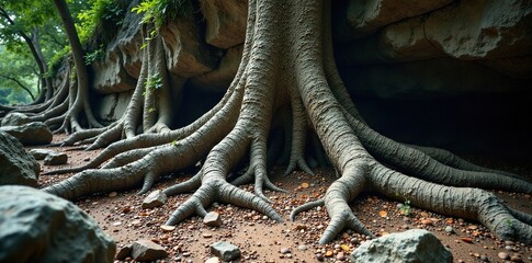 Ancient tree roots tangled in rocky outcropping, rocky, outcropping, gnarled