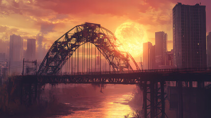 Naklejka premium An old iron bridge that has been abandoned and is not in use in the middle of a big city. Cosmic Bridge. Illustration