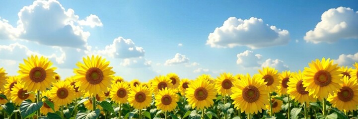 Fototapeta premium Clouds drifting above a sea of golden sunflowers, light, bright, nature