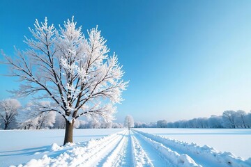 Obraz premium Frosty branches stretch towards clear blue sky, snow covered, solitary, frost